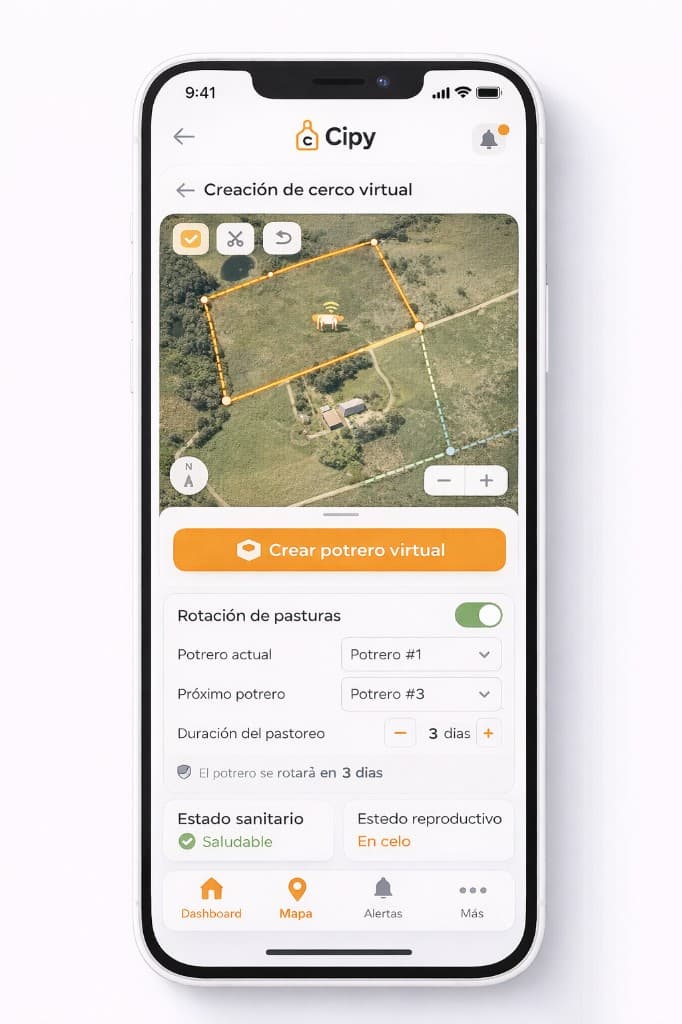 CIPY: mapa con cerco virtual y controles de rotación de pasturas