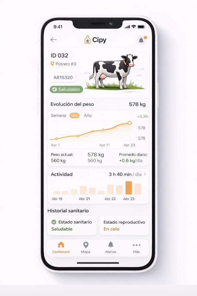 CIPY: detalle de animal con evolución de peso, actividad y estados sanitario y reproductivo